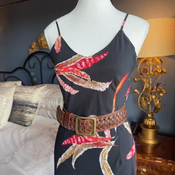 Black w Tropical Red Feather Print Chiffon Midi Dress - Picture 4 of 15